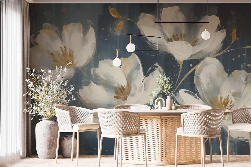 Witte bloemen met verfspatten — interieur 3