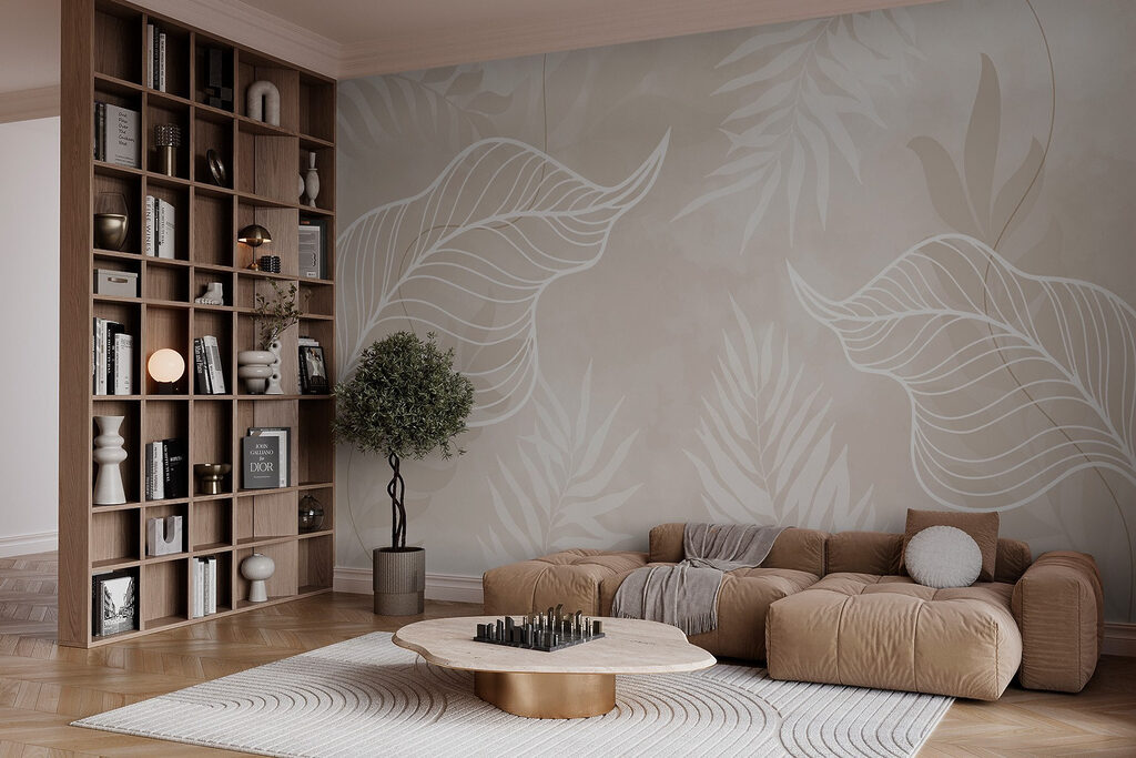 Witte bladeren op een beige achtergrond — interieur 2