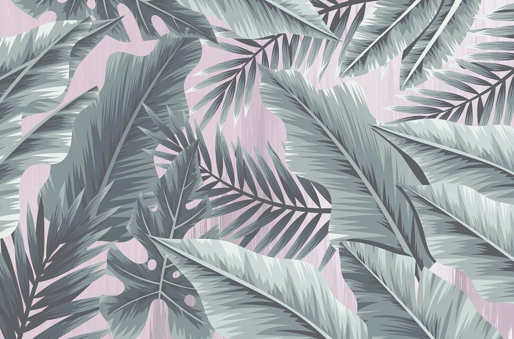 Palmbladeren op zacht oudroze — volledig ontwerp