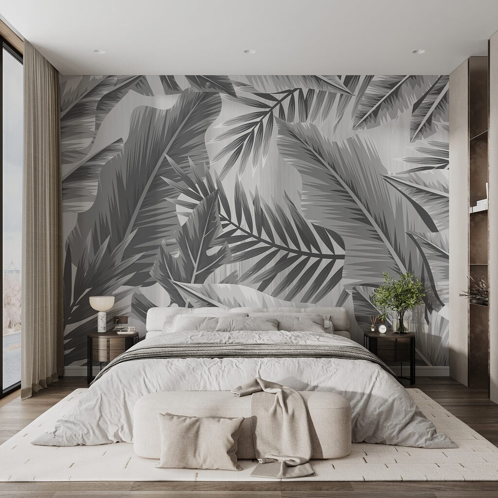 Grijs en wit patroon van bladeren in een interieur