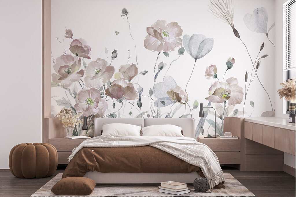Schilderij van bloemen en bladeren in een interieur