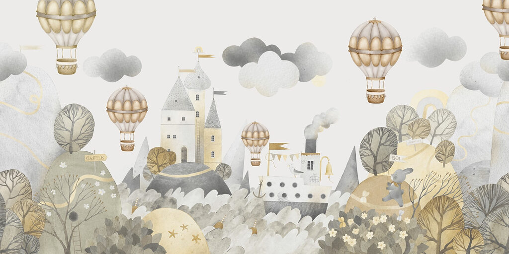 Ballonnen boven een sprookjeskasteel — volledig ontwerp