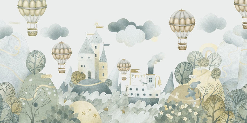 Aquarel van een kasteel en heteluchtballonnen — volledig ontwerp