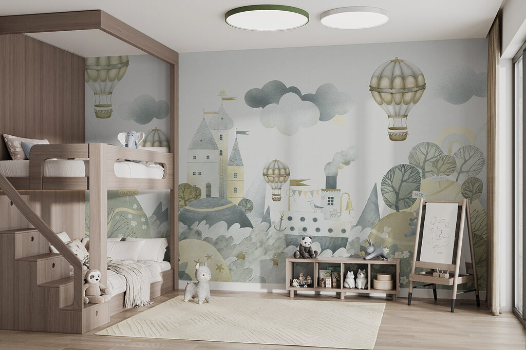 Aquarel van een kasteel en heteluchtballonnen — interieur 1