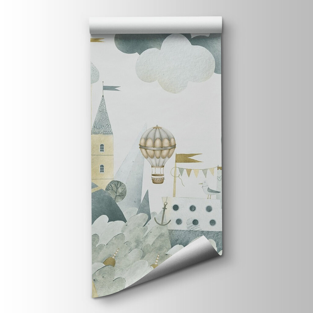 Aquarel van een kasteel en heteluchtballonnen — productweergave
