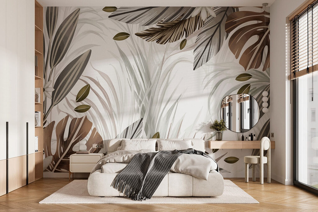 Bruine tropenbladeren op wit — interieur 1
