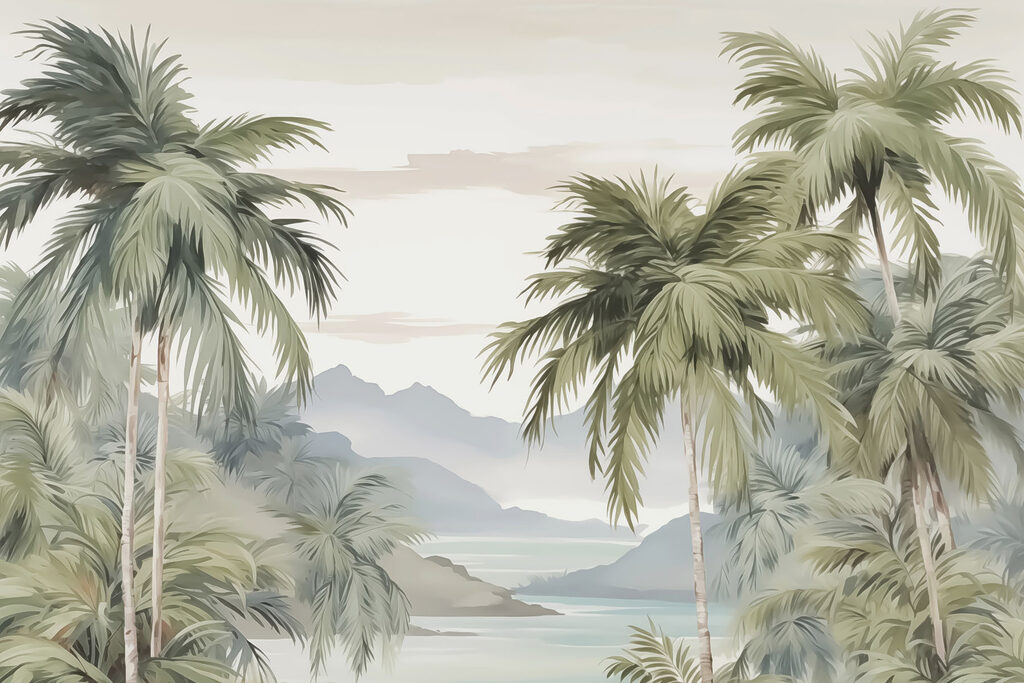 Palmen langs een bergbaai — volledig ontwerp