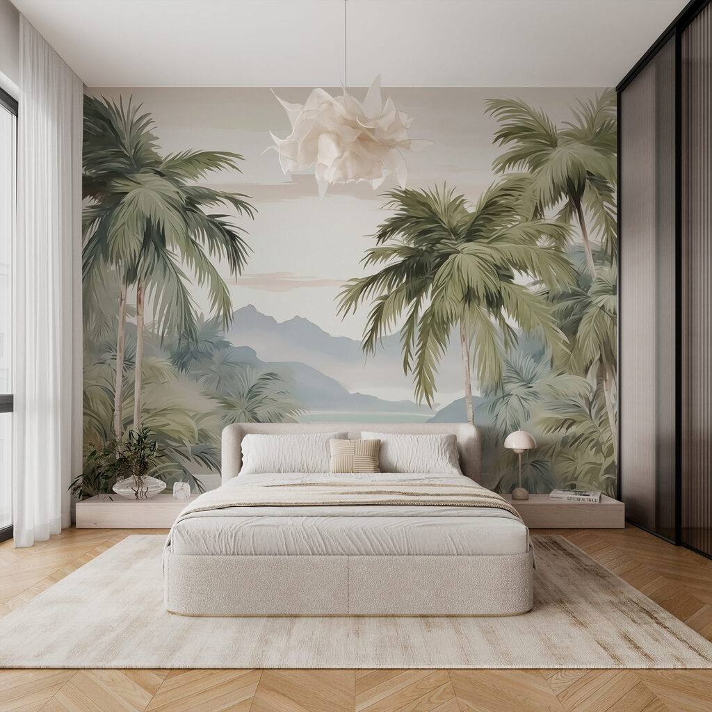 Palmbomen en bergen op de achtergrond in een interieur