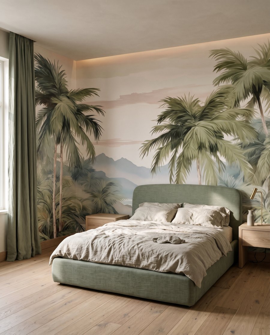 Palmen langs een bergbaai in een interieur