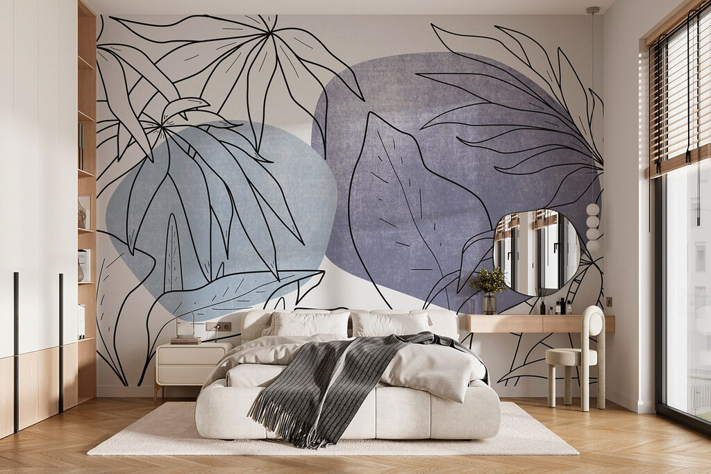 Tekening van bladeren en een blauwe cirkel in een interieur