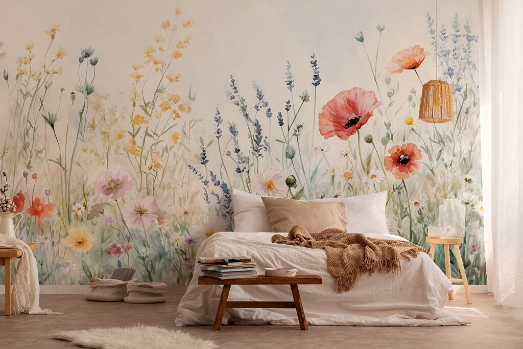 Schilderij van bloemen in een veld in een interieur