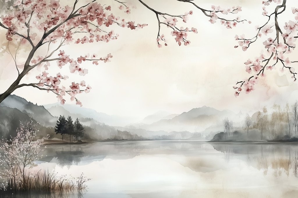 Aquarel van een meer met bomen en bergen — volledig ontwerp