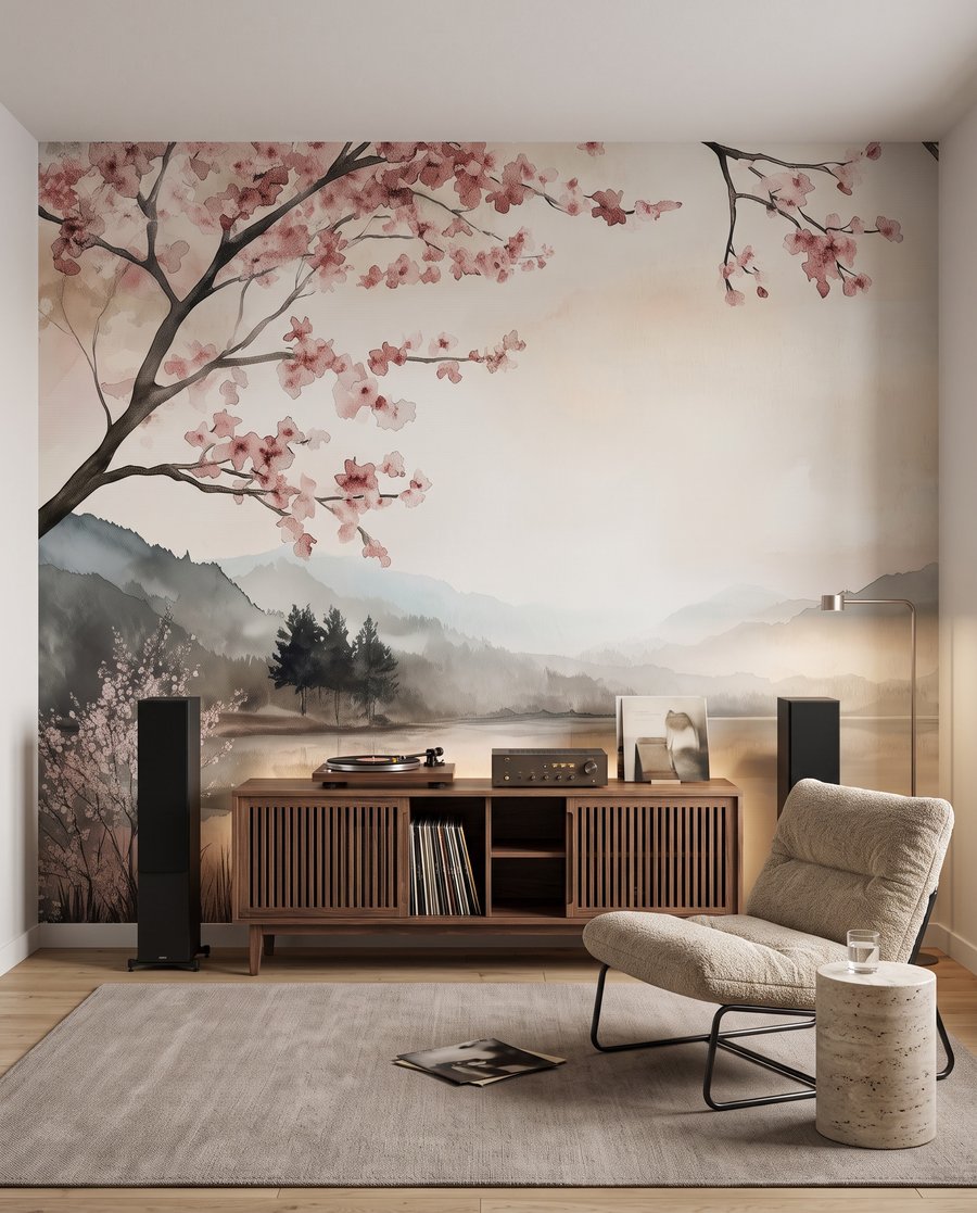 Aquarel van een meer met bomen en bergen — interieur 2