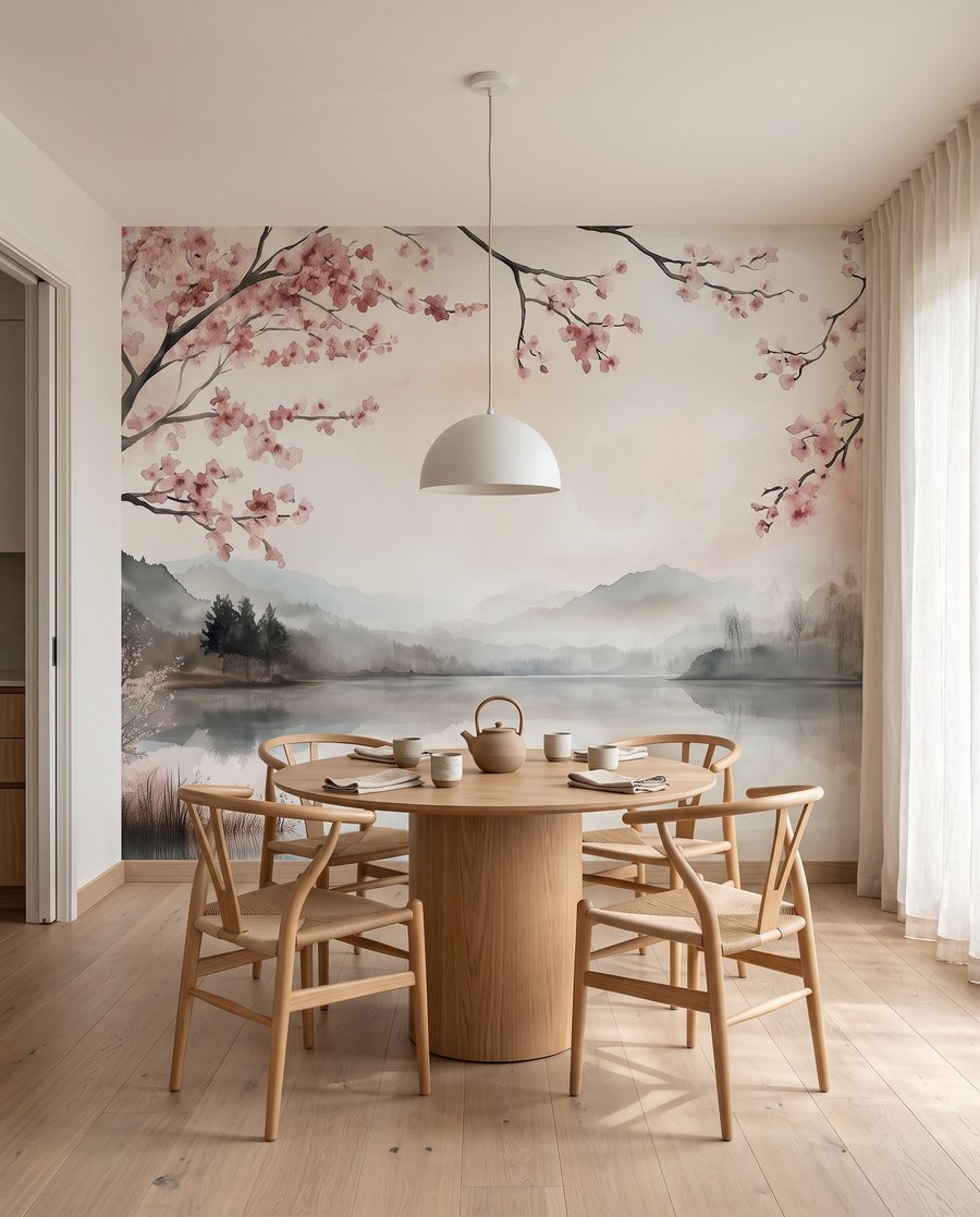 Aquarel van een meer met bomen en bergen — interieur 3