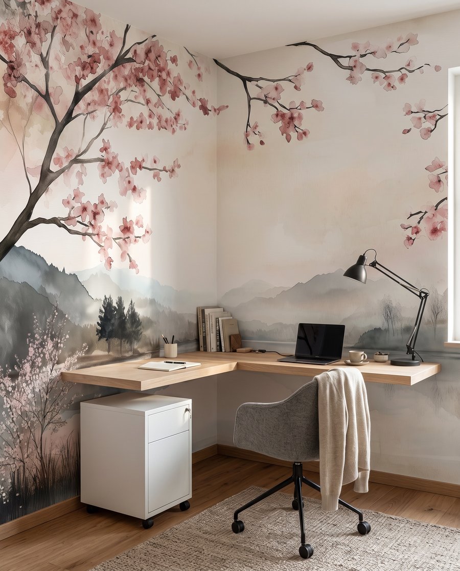 Aquarel van een meer met bomen en bergen — interieur 4