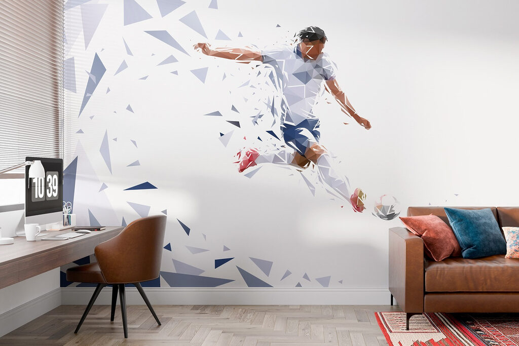 Man schopt een voetbal in een interieur