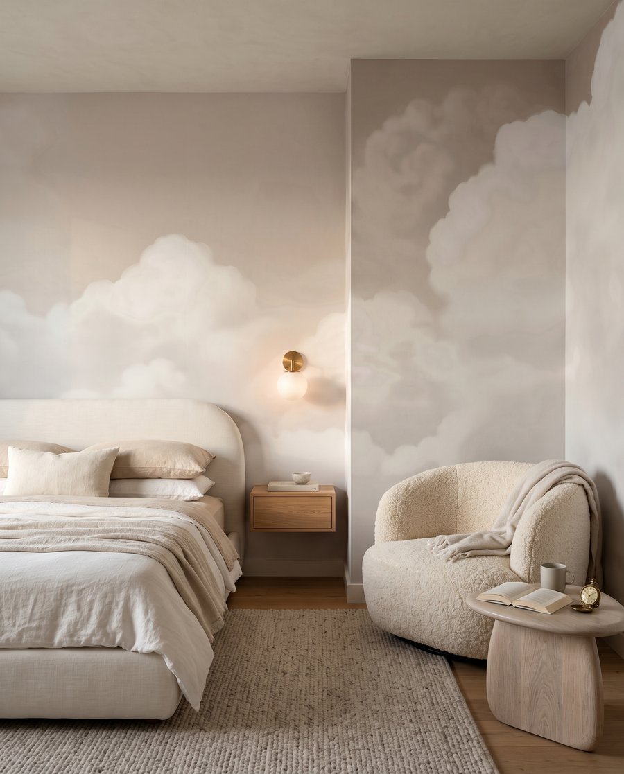 Witte wolken, zachte tinten in een interieur