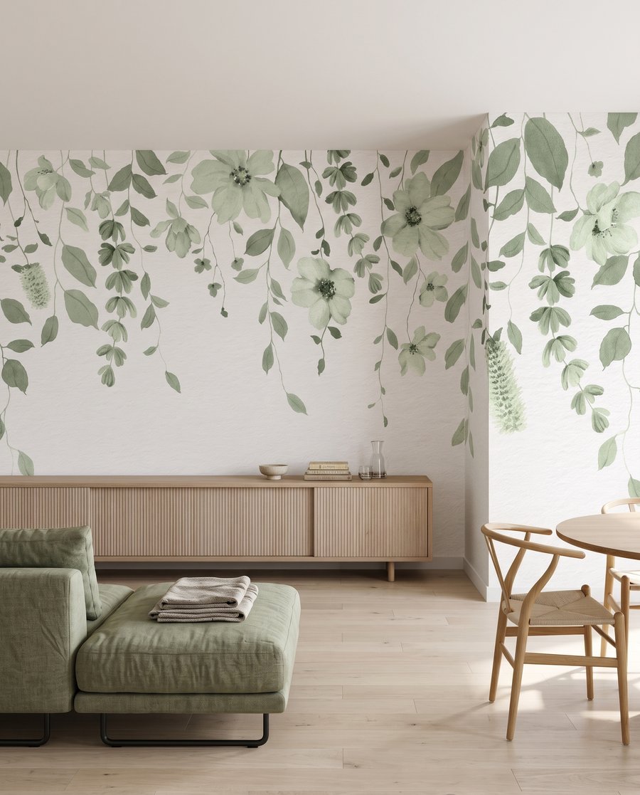 Bloemslingers boven lege ruimte in een interieur