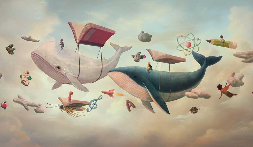 Walvissen tussen vliegende boeken — volledig ontwerp