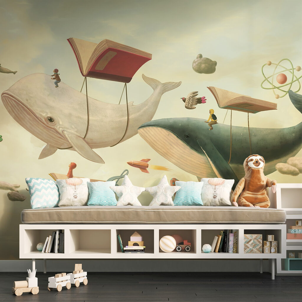 Walvis en walvis met boeken en een boek erop in een interieur