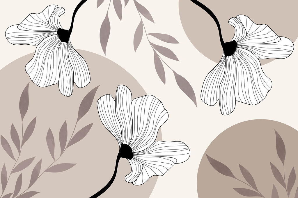 Witte bloemen op taupe — volledig ontwerp