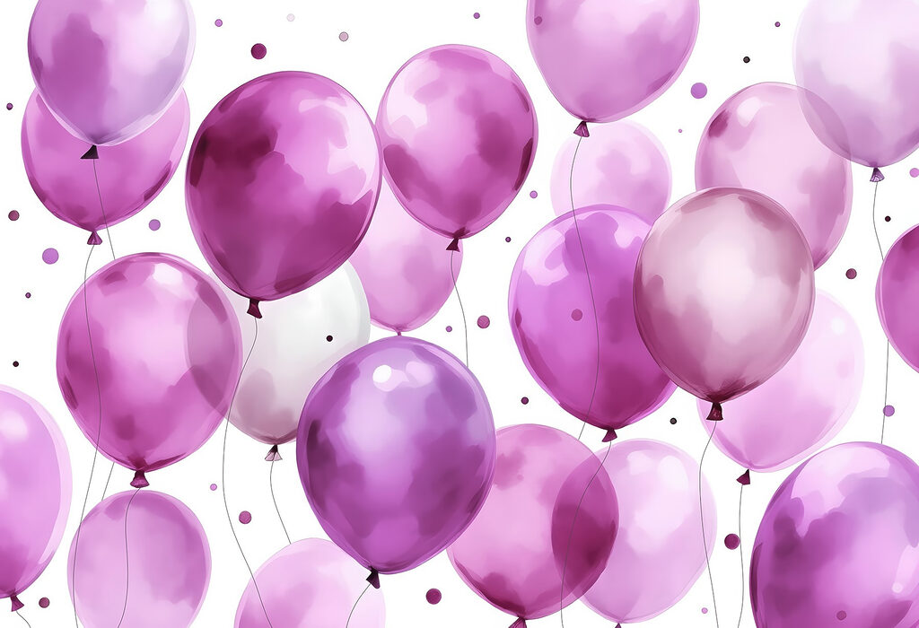 Paarse ballonnen met confetti — volledig ontwerp