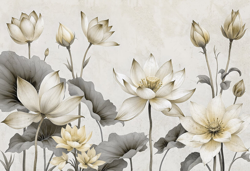 Witte lotussen, grijze bladeren — volledig ontwerp