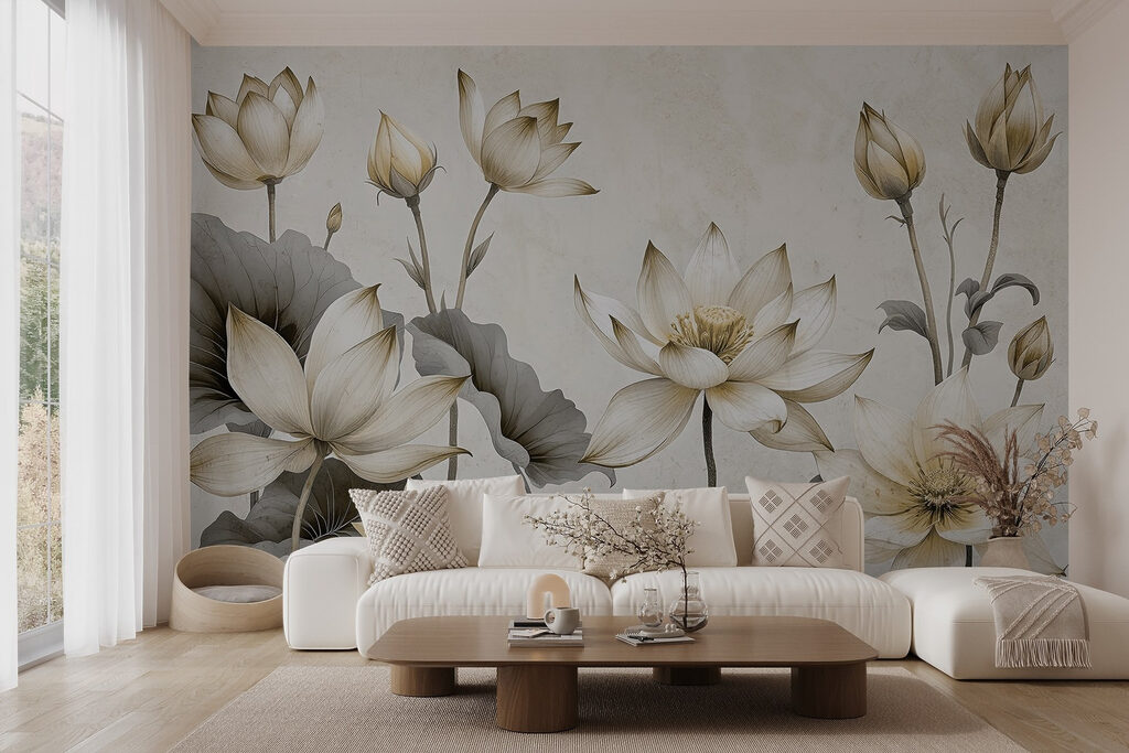 Witte lotussen, grijze bladeren — interieur 1