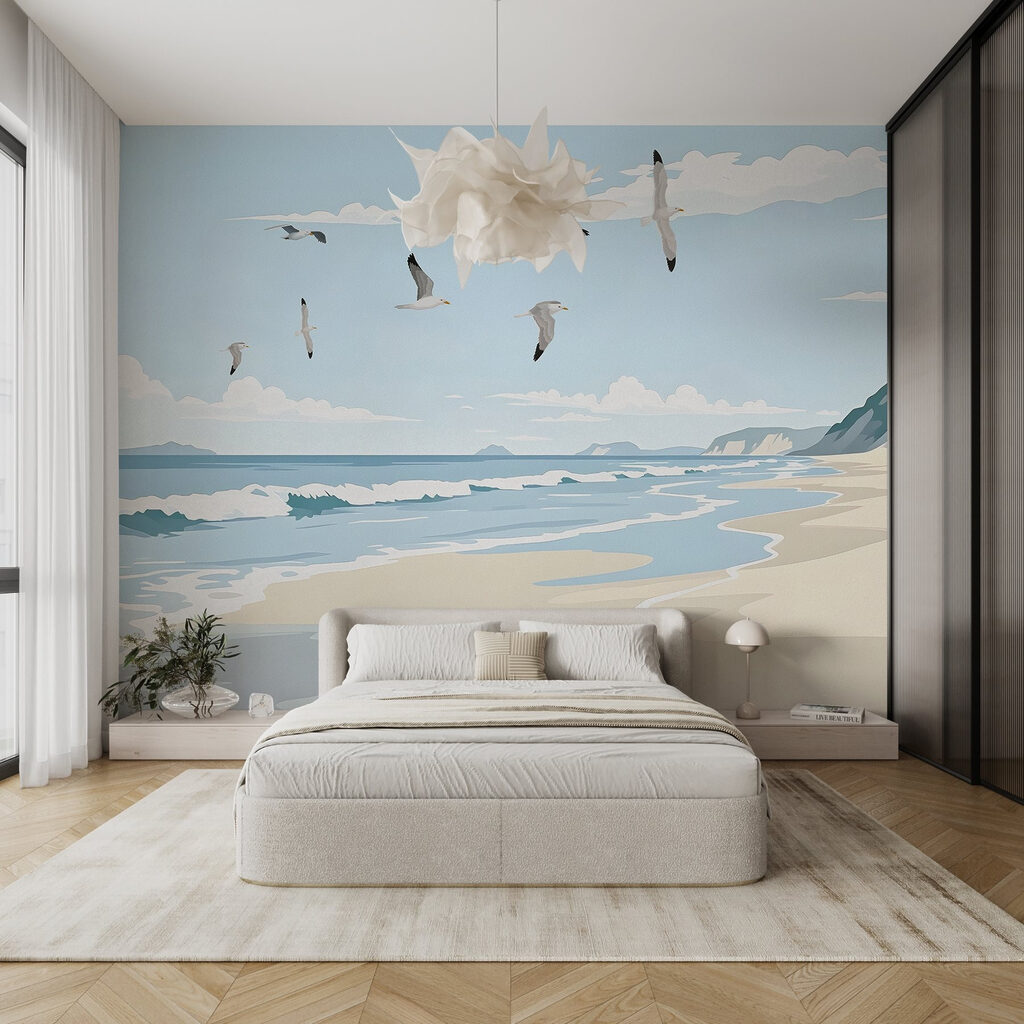 Strand met overvliegende vogels in een interieur