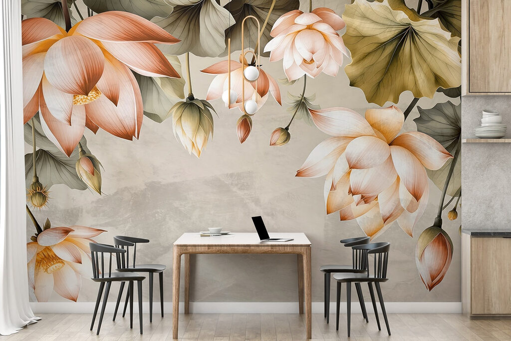 Hangende bloemen in abrikoostinten — interieur 1