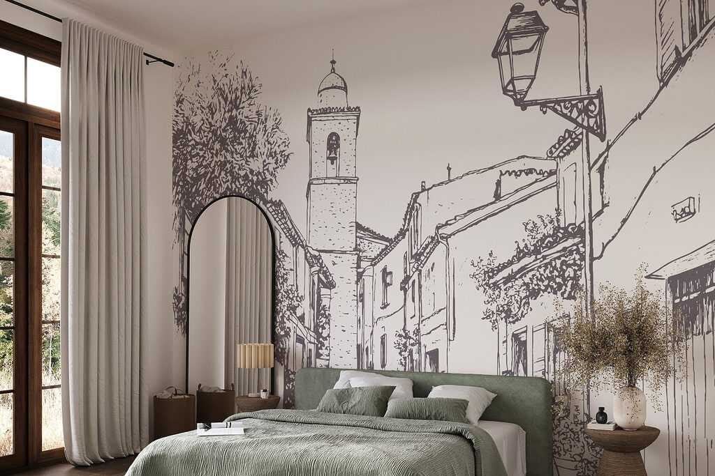 Tekening van een straat met gebouwen en een klokkentoren in een interieur