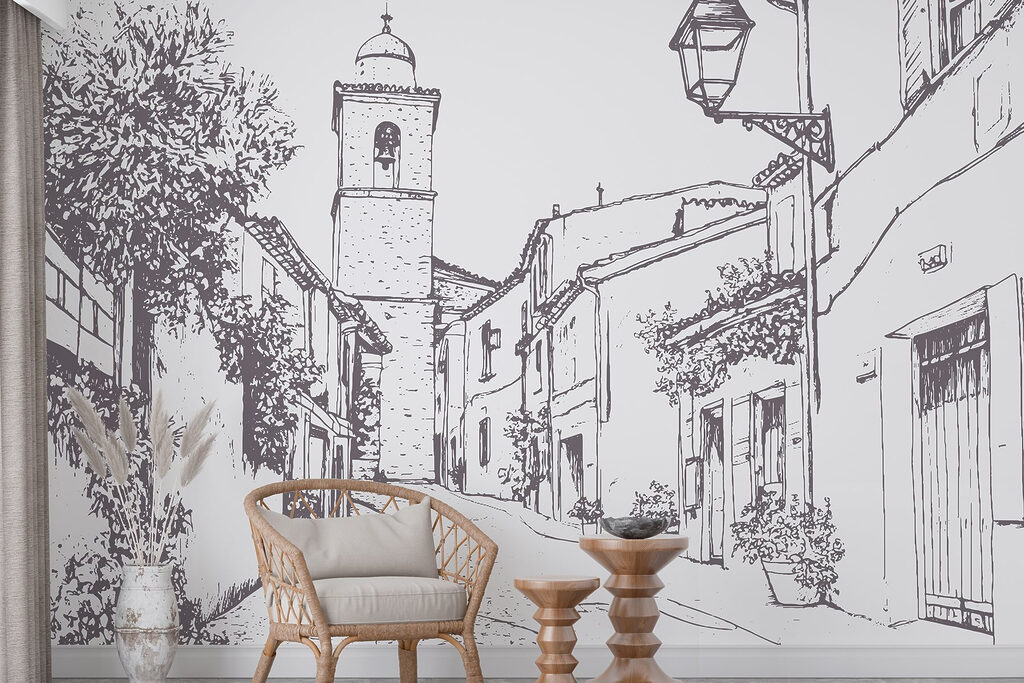 Tekening van een straat met gebouwen en een klokkentoren — interieur 2