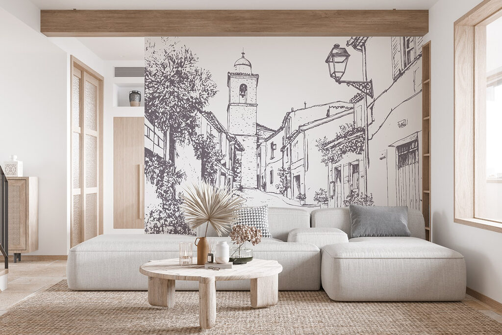 Tekening van een straat met gebouwen en een klokkentoren — interieur 3