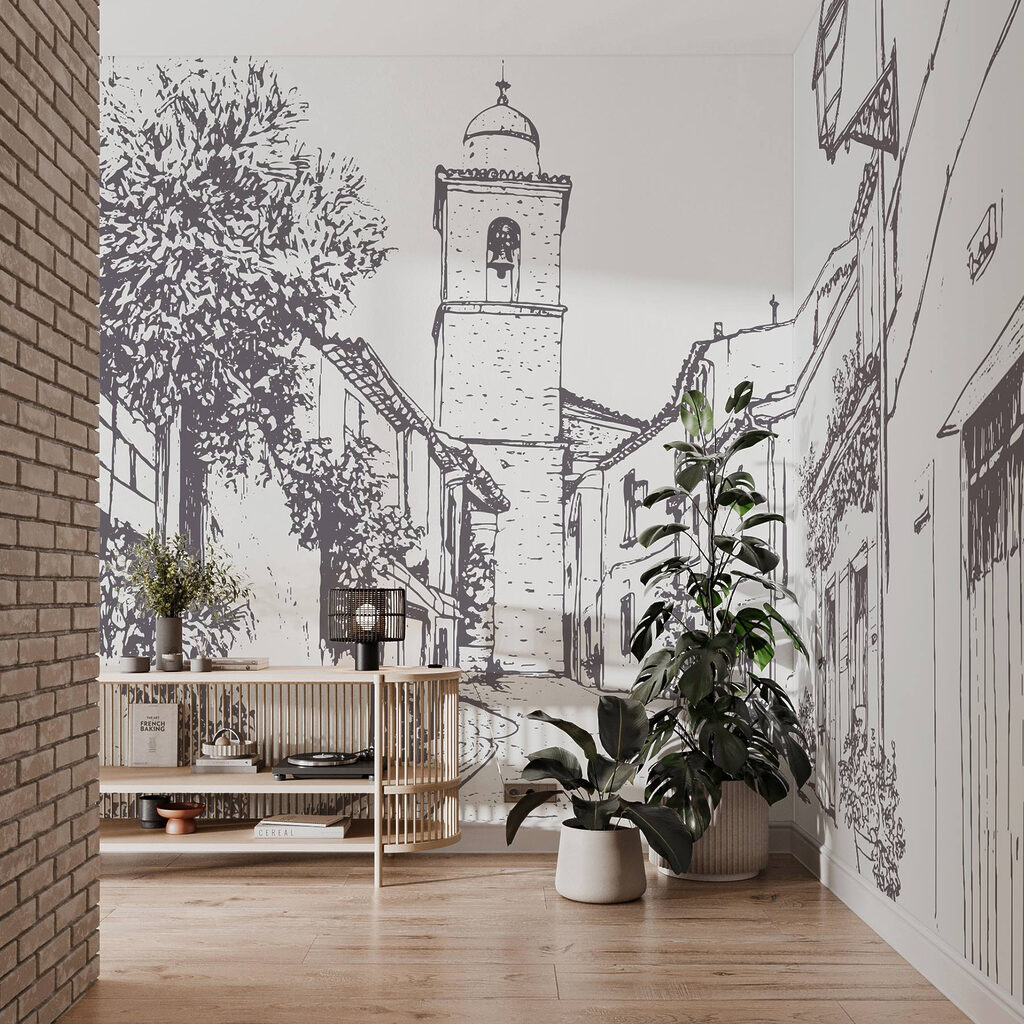Tekening van een straat met gebouwen en een klokkentoren — interieur 4