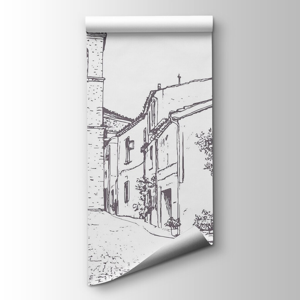Tekening van een straat met gebouwen en een klokkentoren — productweergave