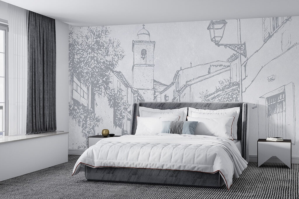 Tekening van een straat met een klokkentoren in een interieur