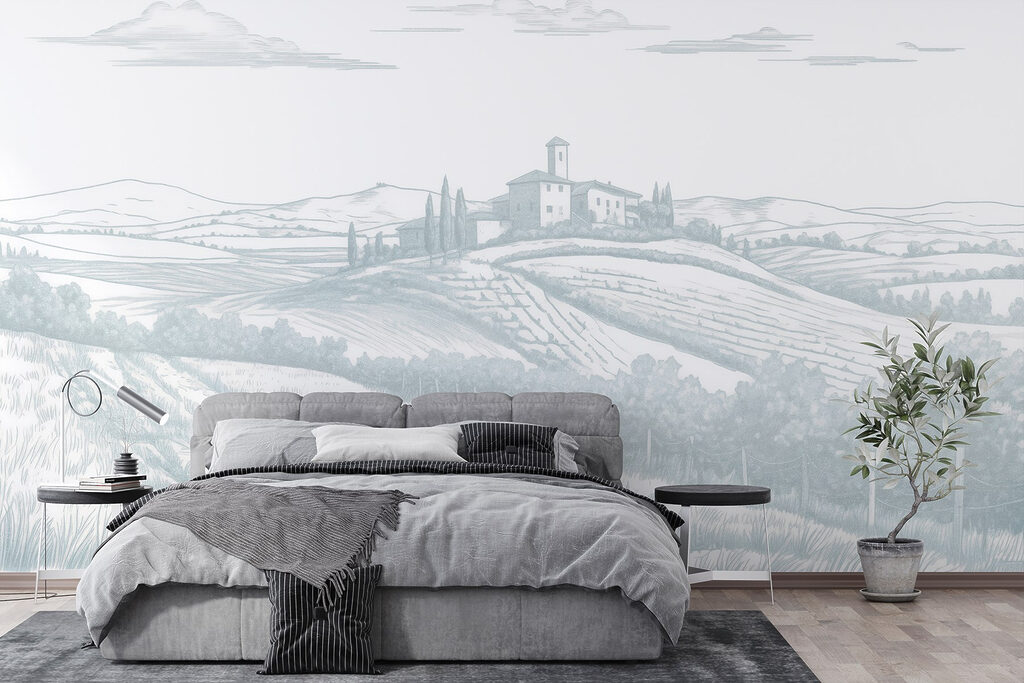 Landschap met een huis en bomen in een interieur
