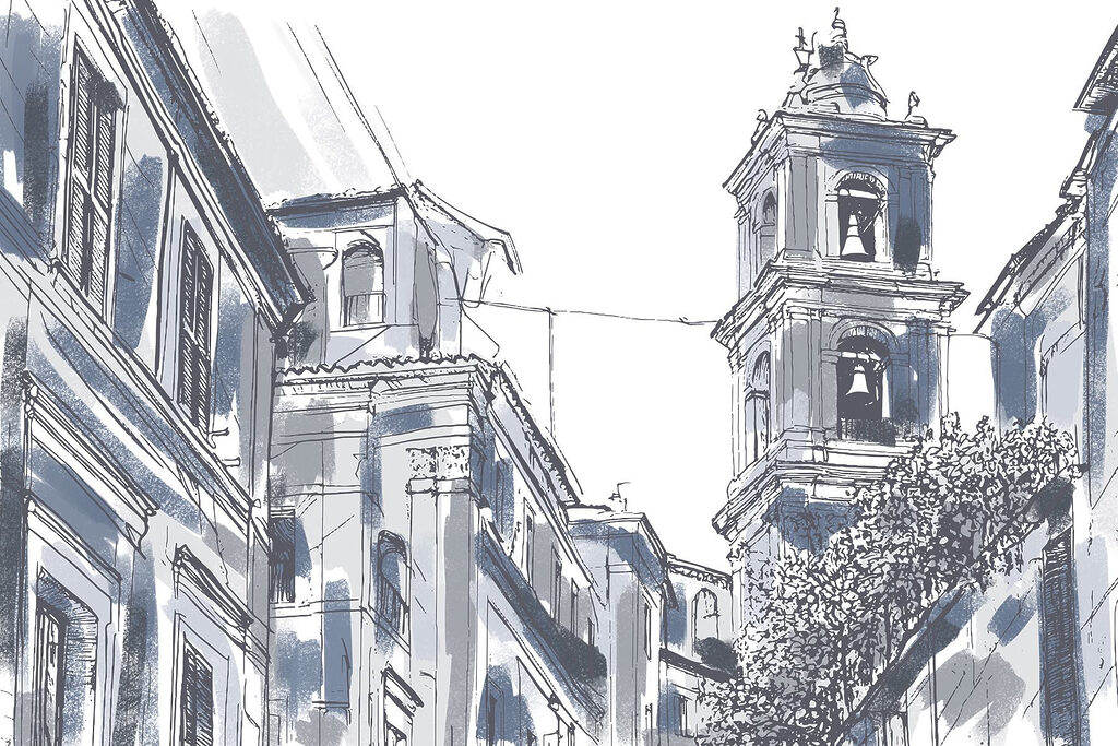 Klokkentoren boven de straat — volledig ontwerp