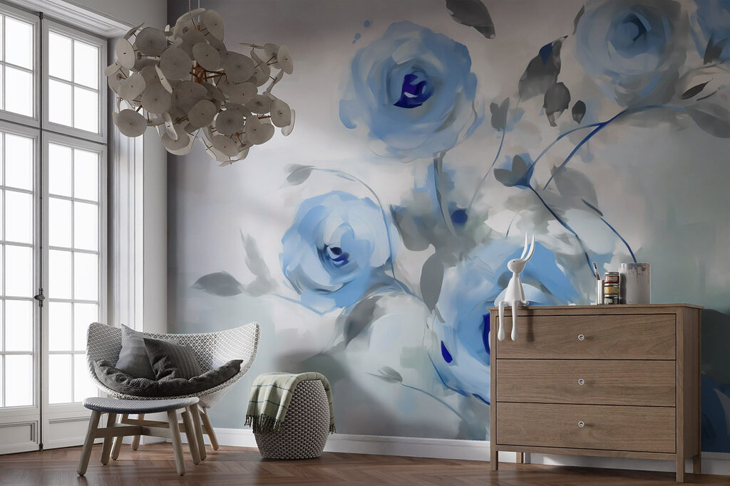 Blauwe rozen in verf — interieur 2