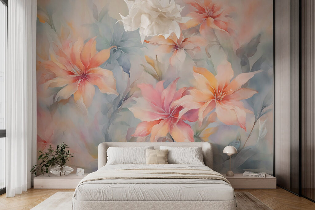 Perzikbloemen tussen blauwe penseelstreken — interieur 1