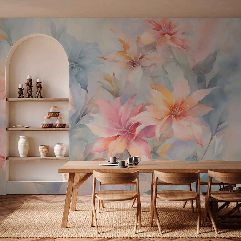 Perzikbloemen tussen blauwe penseelstreken — interieur 2