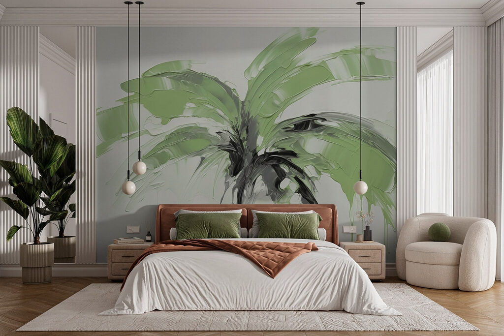 Palmboom beschilderd met groene verf in een interieur