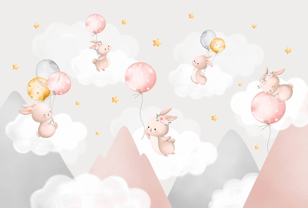 Groep konijntjes met ballonnen in de lucht — volledig ontwerp