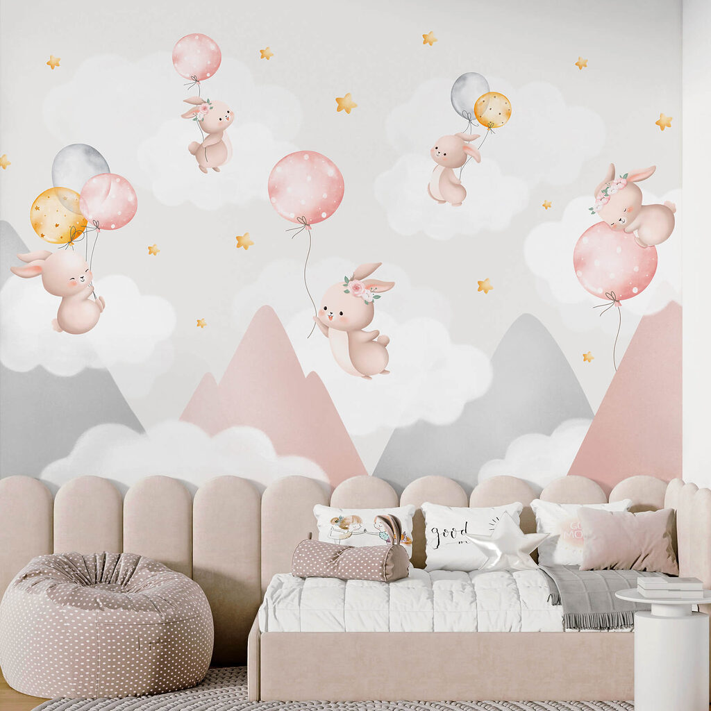 Groep konijntjes met ballonnen in de lucht — interieur 1