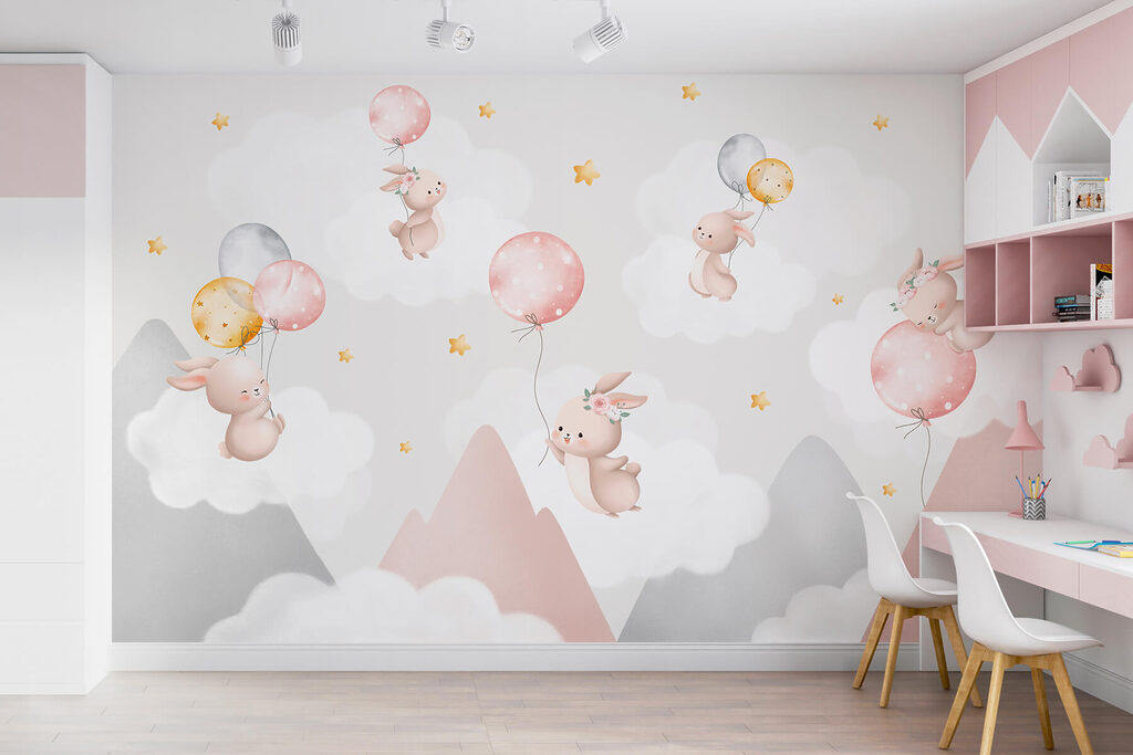 Groep konijntjes met ballonnen in de lucht — interieur 2