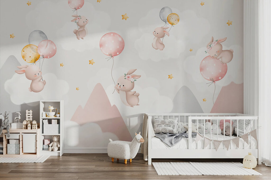 Groep konijntjes met ballonnen in de lucht — interieur 3
