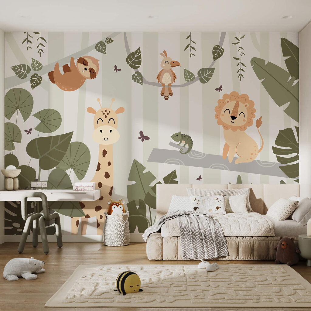 Beeldverhaal van dieren in een jungle in een interieur