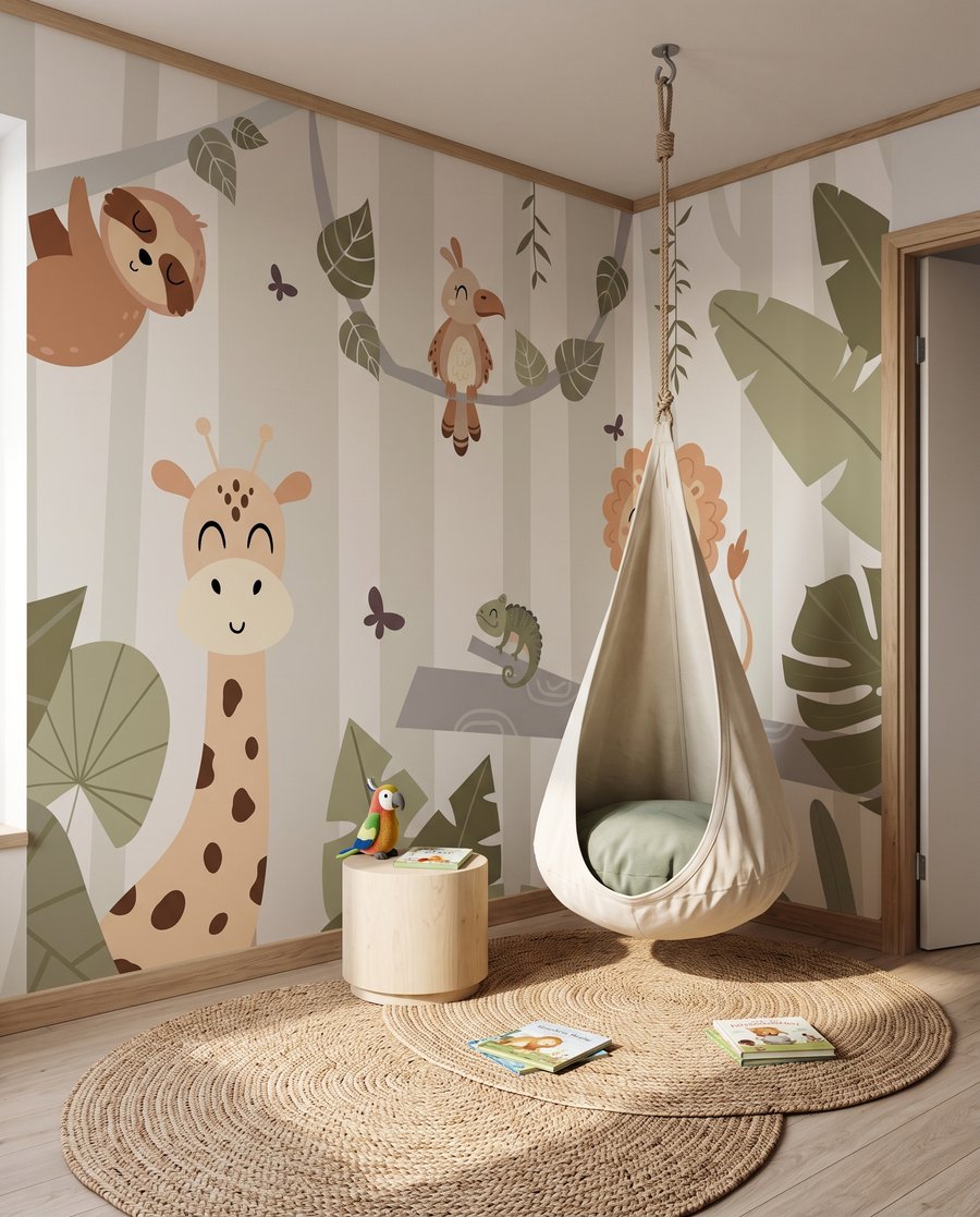 Junglevriendjes tussen grote bladeren in een interieur