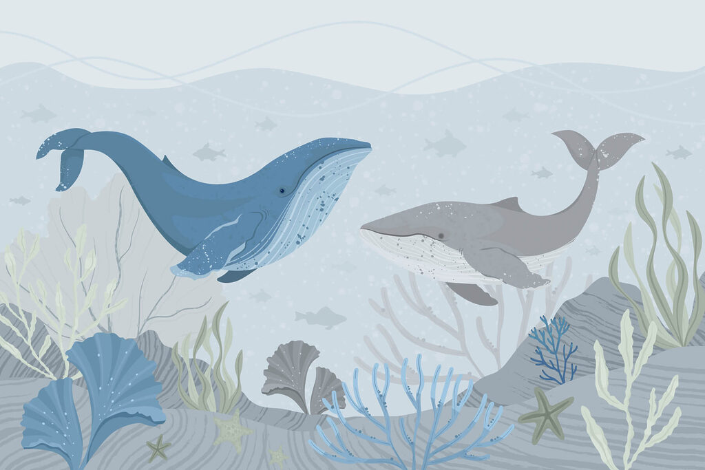 Walvis en walvis zwemmen in de oceaan — volledig ontwerp