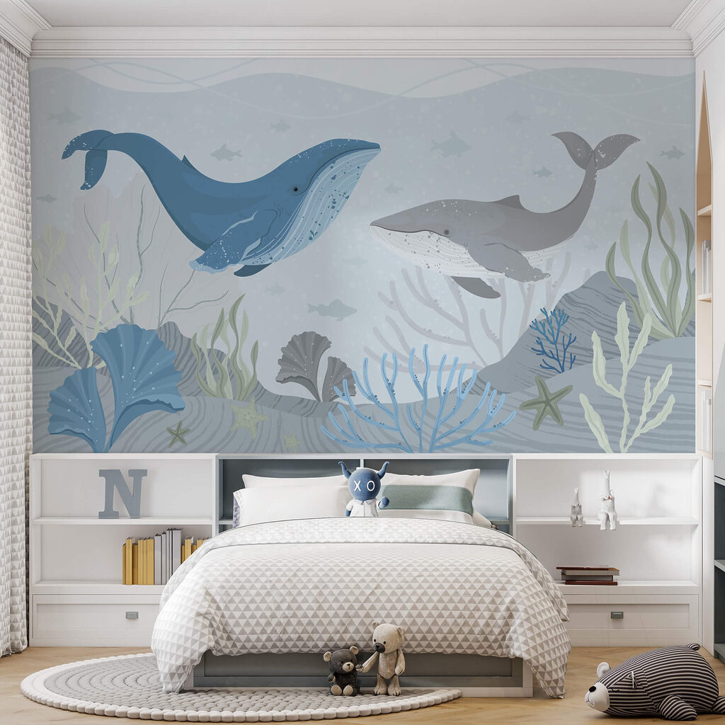 Walvis en walvis zwemmen in de oceaan in een interieur